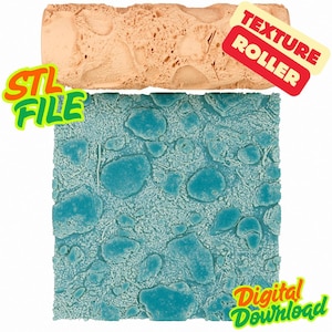 May include: A tan texture roller with a porous surface is shown above a teal, textured surface with a stone-like pattern. The image includes the text "STL FILE" and "TEXTURE ROLLER" and "Digital Download".