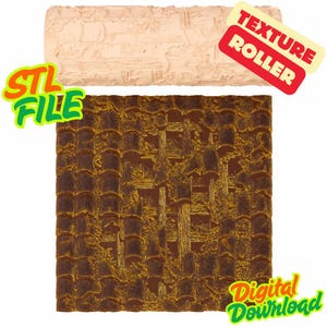 May include: A beige texture roller with a brick pattern, alongside a sample of the textured result. The image includes the text "STL FILE" and "TEXTURE ROLLER" and "Digital Download".