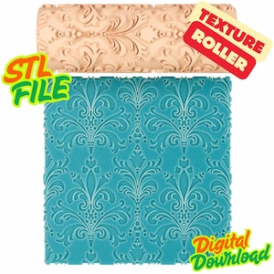 May include: A beige texture roller with an ornate floral design sits above a teal blue, patterned surface. The surface displays the embossed pattern from the roller. The image includes the text "STL FILE" and "Texture Roller" and "Digital Download".