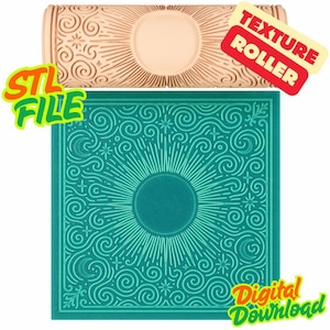 Puede incluir: Un rodillo de textura beige y un cuadrado turquesa con un diseño de rayos de sol. El rodillo tiene un patrón repetitivo de remolinos y líneas. El cuadrado tiene un círculo central y líneas radiales. El texto en la imagen dice "STL FILE", "TEXTURE ROLLER" y "Digital Download".