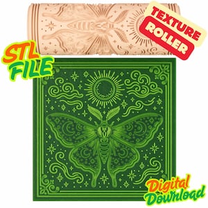 May include: A light brown texture roller with a moth and sun design, and a green square with a moth illustration. The square has the text "Digital Download" and "STL File". The roller has the text "Texture Roller".