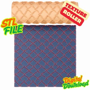 May include: A beige texture roller with a diamond pattern sits above a blue surface with a matching pattern in red. The image includes the text "STL FILE", "TEXTURE ROLLER", and "Digital Download".