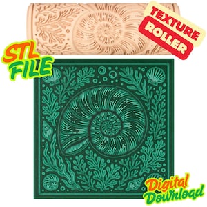 May include: A beige texture roller and a dark green square design featuring a spiral seashell and seaweed pattern. The roller has a seashell design. The square design has the text "STL FILE" and "Digital Download".