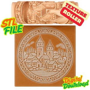 以下が含まれることがあります： 詳細な都市景観デザインのライトブラウンのテクスチャローラーと、一致するエンボス加工の村のシーンを備えた正方形のタイル。 タイルは装飾的なボーダーで囲まれています。「STL FILE」と「Digital Download」の文字が見えます。