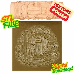 May include: A tan texture roller and a square impression of a round wooden door with a waterfall and a pond. The roller has the same door design. The image includes the text "STL FILE", "TEXTURE ROLLER", and "Digital Download".