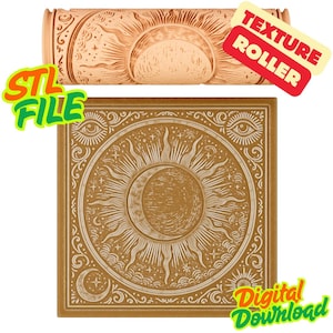 Puede incluir: Un rodillo de textura marrón y una baldosa cuadrada con un diseño celestial que presenta un sol, una luna, estrellas y ojos. El rodillo es cilíndrico con un diseño de sol. El texto "Descarga digital" y "Archivo STL".