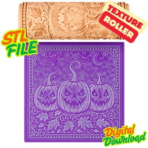 Puede incluir: Un rodillo de textura marrón claro con un diseño de calabaza tallada y el texto "TEXTURE ROLLER". Debajo, un cuadrado morado con un diseño de calabaza tallada y el texto "Digital Download" y "STL FILE".