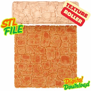 Puede incluir: Imagen de un rodillo de textura y un patrón de piedra. El rodillo es beige y el patrón es un cuadrado de piedras de color marrón anaranjado. Las palabras "STL FILE" y "Digital Download" están en la imagen.
