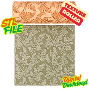 Puede incluir: Un rodillo de textura marrón con un patrón de hojas de helecho y una muestra del patrón en color verde claro. La imagen también incluye el texto "STL FILE", "TEXTURE ROLLER" y "Digital Download".
