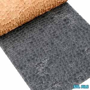 Peut inclure: Gros plan sur une surface texturée gris foncé avec un motif répétitif, peut-être une représentation numérique d'un matériau. Une section enroulée d'un matériau texturé brun clair est visible dans le coin supérieur gauche. Le texte "STL FILE" est en bas à droite.