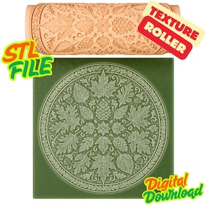 Puede incluir: Un rodillo de textura marrón claro con un patrón detallado de hojas y piñas, junto a una baldosa cuadrada verde con un diseño de hojas a juego. La imagen incluye el texto "STL FILE" y "TEXTURE ROLLER". La baldosa es una descarga digital.