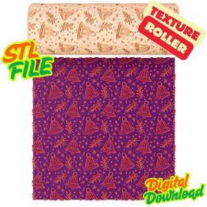 May include: A beige texture roller with a bell and leaf pattern, alongside a purple surface with the same design. The words "Texture Roller", "STL File", and "Digital Download" are visible.