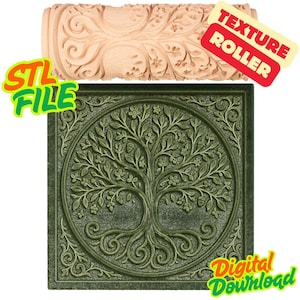 Puede incluir: Un rodillo de textura marrón claro y una baldosa cuadrada verde con un diseño de árbol de la vida. El rodillo tiene un patrón floral. La baldosa tiene un diseño de árbol circular dentro de un marco cuadrado. El texto en la imagen dice "STL FILE", "TEXTURE ROLLER" y "Digital Download".
