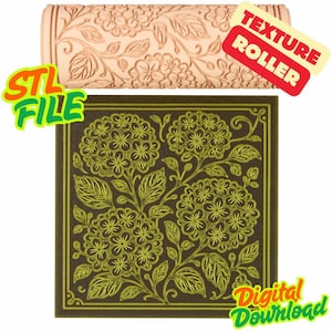 Puede incluir: Un rodillo de textura beige con un patrón floral y el texto "TEXTURE ROLLER". Debajo, un diseño cuadrado con un patrón floral y el texto "STL FILE" y "Digital Download".