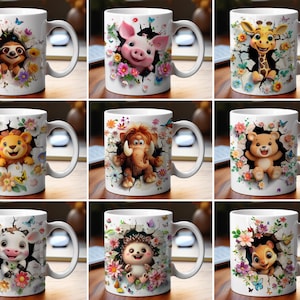 3D Effect Funny Animals Mug Wrap, 11 oz & 15 oz Mug Bundle Sublimation Wrap, Instant Digital Download, PNG Template