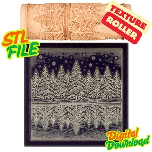 May include: A beige texture roller with a detailed fern pattern sits above a dark blue square print of a forest scene with a mirrored reflection. The print includes the text "STL FILE" and "Digital Download". A red banner reads "TEXTURE ROLLER".