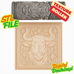 Könnte beinhalten: Eine graue Texturrolle und eine quadratische Fliese mit einem Bullenmuster. Der Bulle ist weiß mit großen Hörnern und ist von Stern- und Wirbelmustern umgeben. Die Wörter "STL FILE", "TEXTURE ROLLER" und "Digital Download" sind ebenfalls sichtbar.
