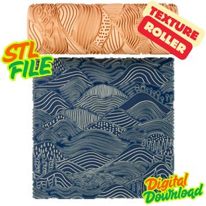 May include: A wooden texture roller with a detailed pattern is displayed above a blue and white patterned surface. The roller is labelled "Texture Roller" and the surface is labelled "Digital Download". The words "STL File" are also visible.