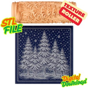 May include: A beige texture roller with a detailed leaf pattern is displayed above a navy blue square tile featuring a winter forest design. The tile has a repeating pattern of stylized evergreen trees and falling snow. The image includes the text "STL FILE" and "Digital Download".