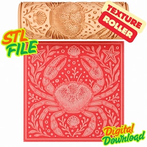 Puede incluir: Un diseño cuadrado rojo con un patrón de cangrejo y conchas marinas, etiquetado como "Descarga digital". Arriba, se muestra un rodillo de textura de madera con un diseño de cangrejo y conchas marinas. También se ve el texto "STL FILE" y "TEXTURE ROLLER".