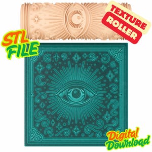 May include: A light brown texture roller and a teal square with an eye design. The roller has an eye design with radiating lines. The square has an eye design with radiating lines, stars, and swirls. Text on the image says "STL FILE", "TEXTURE ROLLER", and "Digital Download".