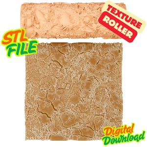 May include: A tan texture roller and a sample of the textured pattern it creates. The roller is rectangular with a detailed surface. The sample is a square with a cracked earth design. Text on the image reads "STL FILE", "TEXTURE ROLLER", and "Digital Download".