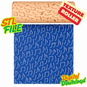 May include: A beige texture roller with a musical note pattern, alongside a blue surface embossed with the same design. The image includes the text "STL FILE" and "Texture Roller" and "Digital Download".