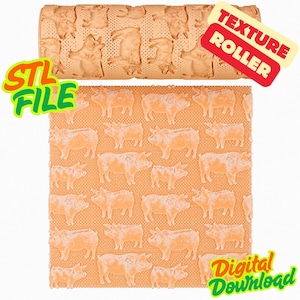 May include: A tan texture roller and a sheet featuring a repeating pig pattern. The roller has a perforated design with pig shapes. The sheet displays a grid of pigs. Text on the image reads "STL FILE", "TEXTURE ROLLER", and "Digital Download".