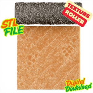 Puede incluir: Un cuadrado texturizado marrón y un rodillo de textura gris oscuro se muestran sobre un fondo blanco. El cuadrado tiene un patrón repetitivo de pequeños cuadrados en relieve. El rodillo está etiquetado como "Texture Roller" en rojo y blanco. También se ven las palabras "STL File" y "Digital Download".