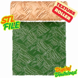 May include: A tan texture roller with a mountain-like pattern is displayed above a green surface with the same design. The image includes the text "Texture Roller", "STL File", and "Digital Download".