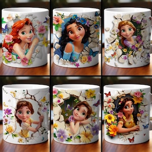 3D Effect Princess Mug Wrap, 11 oz & 15 oz Mug Bundle Sublimation Wrap, Instant Digital Download, PNG Template