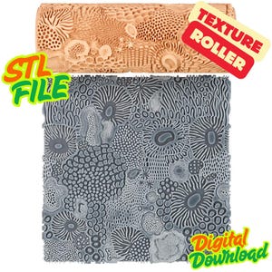 Peut inclure: Un rouleau à texture beige et une surface texturée grise sont présentés. Le rouleau est cylindrique avec un motif détaillé. La surface grise montre un motif répétitif. Le texte sur l'image indique "STL FILE", "TEXTURE ROLLER" et "Digital Download".