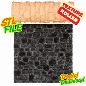 May include: A tan texture roller and a black brick pattern. The roller is designed to create a brick texture. The image also includes the text "STL FILE" and "TEXTURE ROLLER" and "Digital Download".