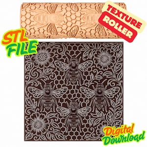 May include: A light brown texture roller with bee and honeycomb patterns, and a dark brown square with a bee and floral design. The image includes the text "Texture Roller", "STL File", and "Digital Download".