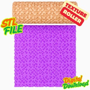 May include: A light brown texture roller with a geometric pattern, paired with a purple patterned sheet. The image includes the text "STL FILE", "Texture Roller", and "Digital Download".