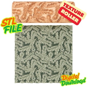 May include: A tan texture roller with a fir tree pattern, alongside a sample of the pattern on a dark green background. The image includes the text "STL FILE", "TEXTURE ROLLER", and "Digital Download".