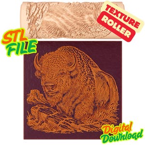 May include: A digital download featuring a detailed orange illustration of a bison on a dark purple background. Above, a texture roller with a wood grain pattern is displayed. Text includes "STL FILE" and "Digital Download".