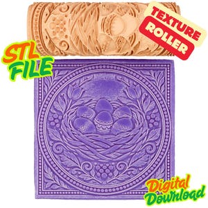 Könnte beinhalten: Eine hellbraune Texturrolle und eine lila quadratische Form mit einem Osterei-Design. Die Rolle hat ein Blumenmuster. Die Form zeigt ein Nest mit Eiern, umgeben von Blättern und einem Rand. Der Text "STL FILE" und "Digital Download" ist enthalten.