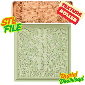 Puede incluir: Un rodillo de textura marrón claro con un diseño de bambú se muestra encima de una baldosa cuadrada verde claro con un patrón de bambú y hojas. La baldosa tiene las palabras "Descarga digital" y "Archivo STL".