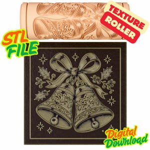 May include: A beige texture roller with a repeating bell design, paired with a brown square featuring a detailed illustration of two bells with a bow and holly. Text includes "STL FILE", "TEXTURE ROLLER", and "Digital Download".