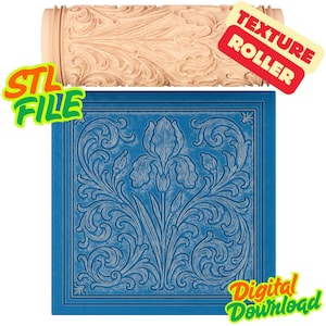 May include: A beige texture roller with a floral design is above a blue square with a matching floral pattern. The image includes the words "STL FILE" and "Digital Download".