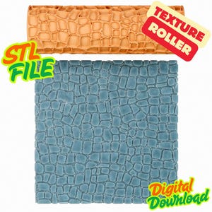 May include: Two texture rollers, one orange and one blue, with a cobblestone pattern. The orange roller is rectangular, while the blue one is square. Text on the image reads "STL FILE", "TEXTURE ROLLER", and "DIGITAL DOWNLOAD".
