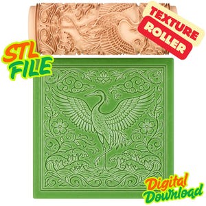 以下が含まれることがあります： 鳥と花の模様が詳細に施された、薄茶色のテクスチャローラー。下には、お揃いの鳥と花の模様が入った緑色の正方形があります。画像には「STL FILE」、「TEXTURE ROLLER」、「Digital Download」という文字が含まれています。