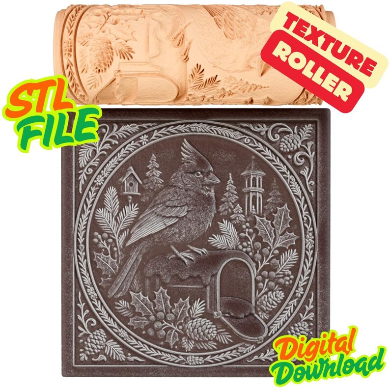 Cardinal Texture Winter Cardinal Texture Roller STL File – Holiday Crafts (digital ...
