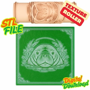 Peut inclure: Un rouleau à texture beige et un carré vert avec un motif de phoque. Le phoque est entouré de feuilles et de lignes d'eau. Les mots "STL FILE", "TEXTURE ROLLER" et "Digital Download" sont également visibles.
