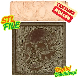 May include: A tan texture roller and a brown square with a skull design. The square has a wood grain background. The image includes the text "STL FILE", "TEXTURE ROLLER", and "Digital Download".