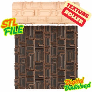 May include: A beige texture roller with a brick pattern is displayed above a dark brown, geometric patterned surface. The words "STL FILE" and "TEXTURE ROLLER" are visible. The words "DIGITAL DOWNLOAD" are also visible.