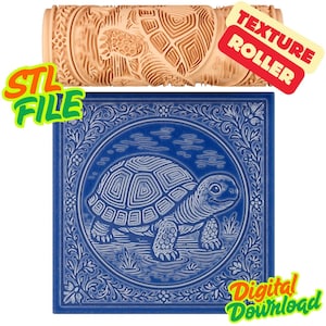 May include: A wooden texture roller with a turtle design, alongside a blue square tile with a turtle illustration. The image includes the text "STL FILE" and "Texture Roller" and "Digital Download".