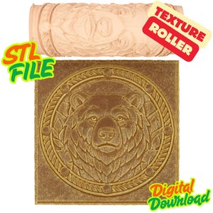May include: A tan texture roller and a square tile with a bear design. The bear is centered in a circle with a rope-like border. The words "STL FILE", "TEXTURE ROLLER", and "Digital Download" are visible.