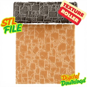 May include: A stone texture roller and a sample of the texture it creates. The roller is dark gray, and the sample is tan. Text on the image reads "STL FILE", "TEXTURE ROLLER", and "Digital Download".
